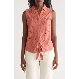 Adrianna Papell Eyelet Sleeveless Button-Up Blouse